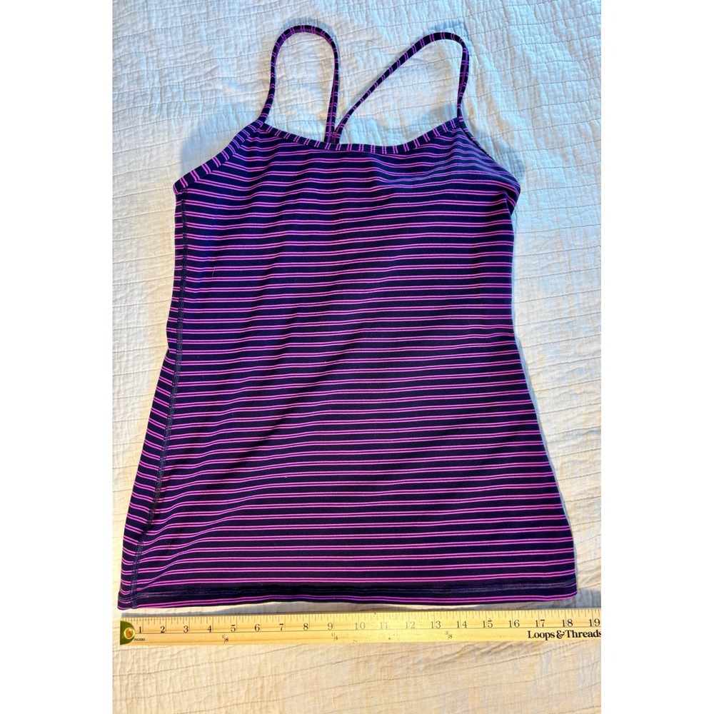 Lululemon Power Y Tank Top Size 10 Purple Black Striped Built In Bra Racerback